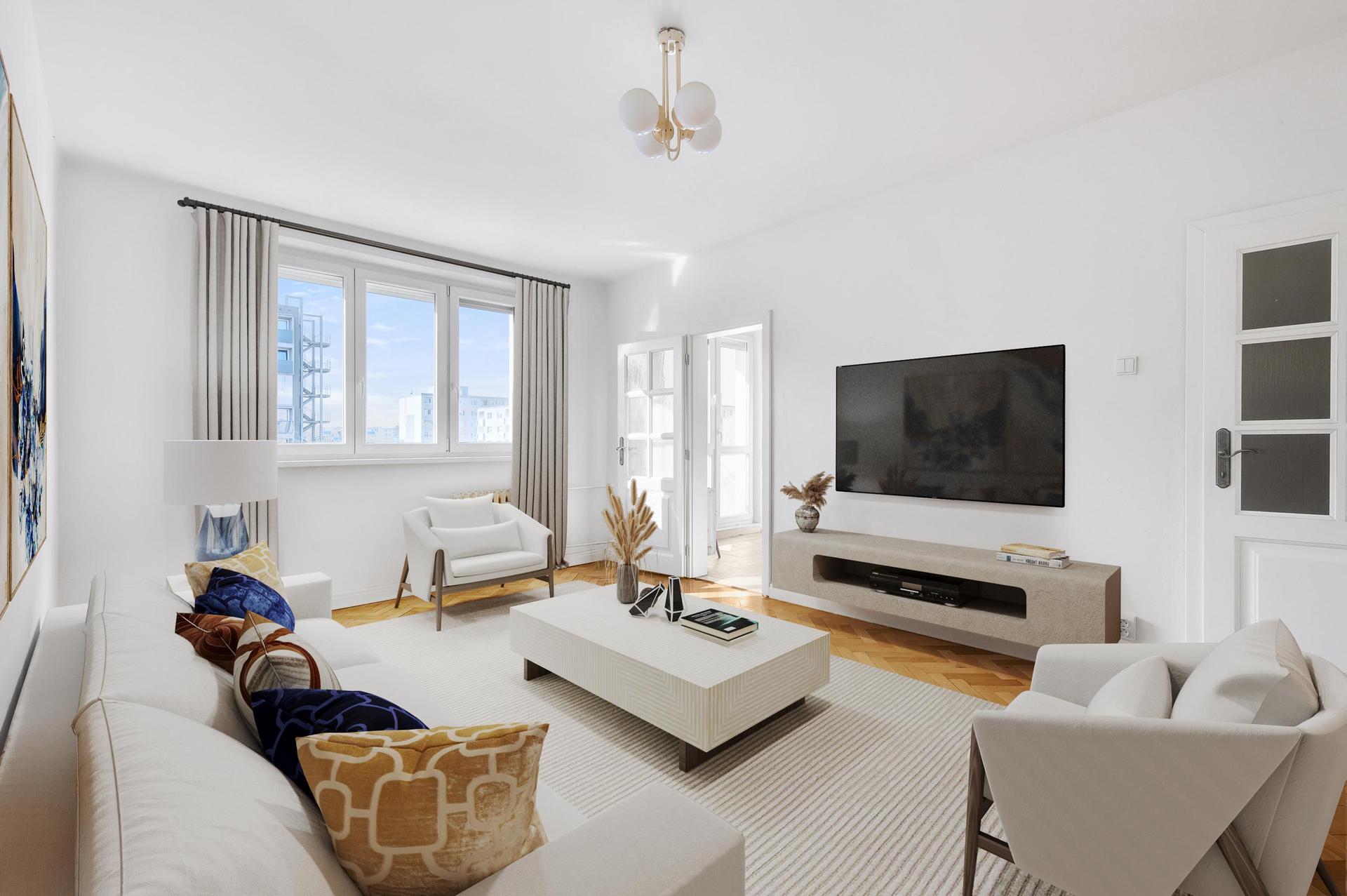 Virtual staging obývačky s parketami