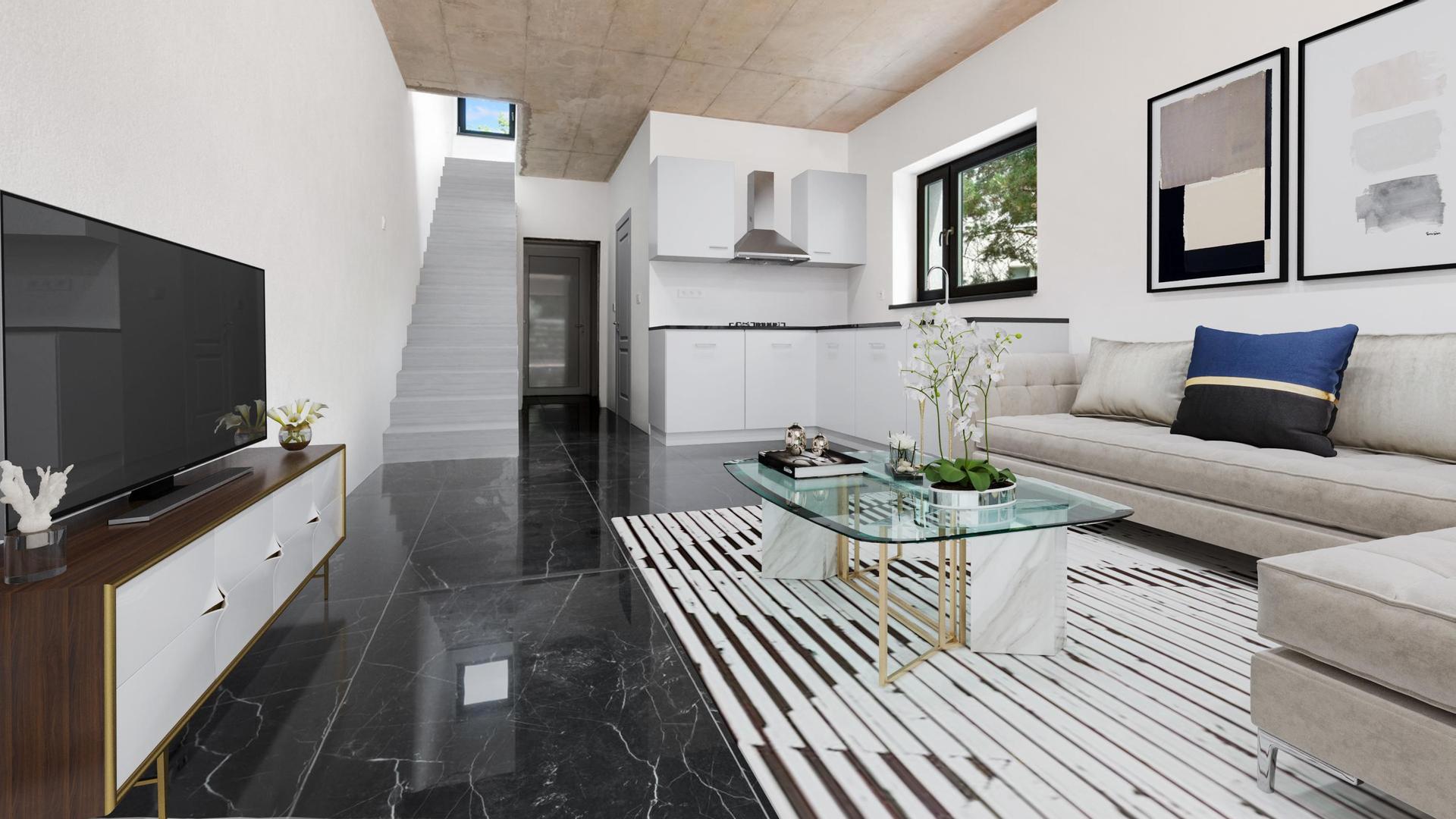 Virtual staging obývačky s mramorovou podlahou