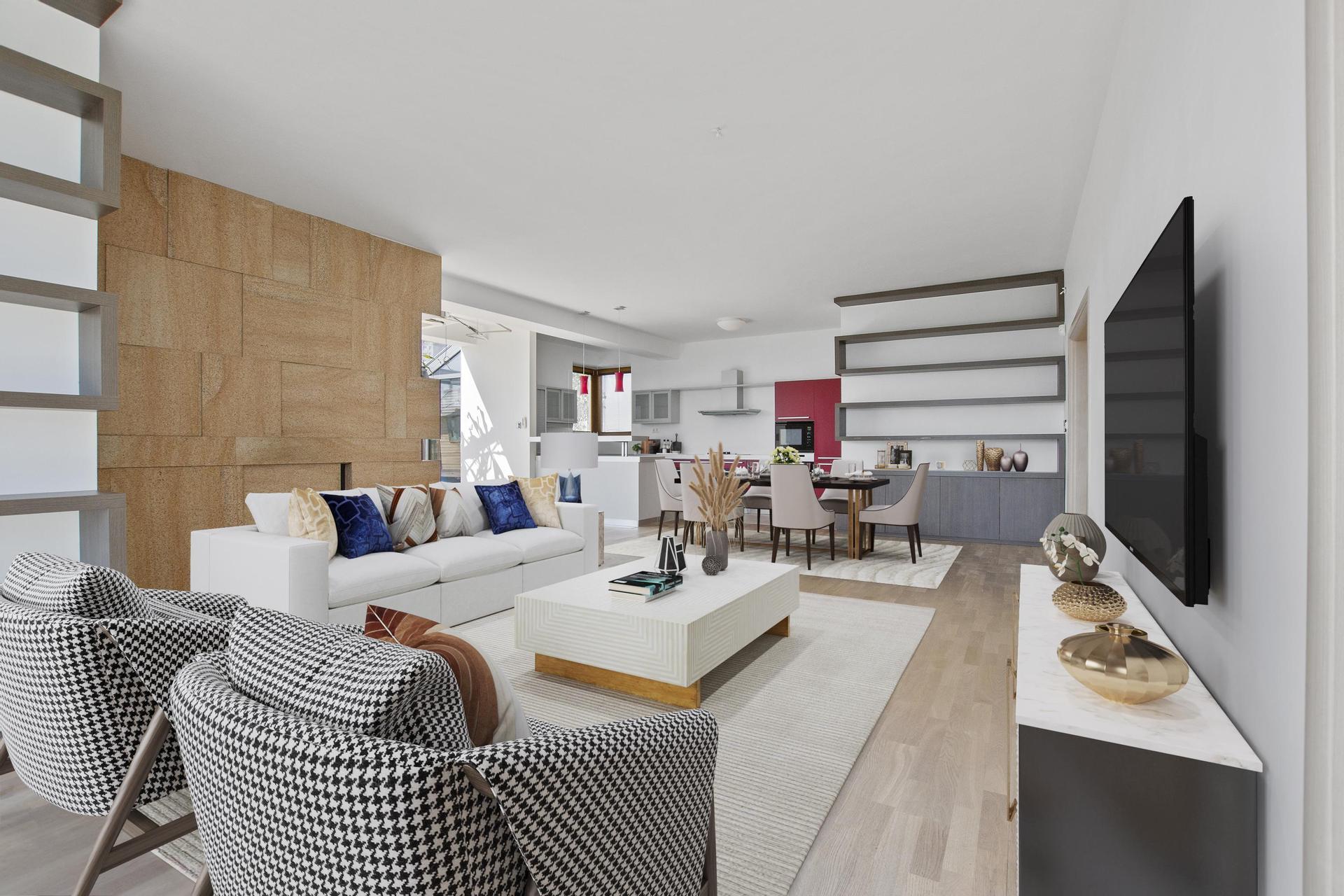 Virtual staging obývačky s jedálňou a kuchyňou