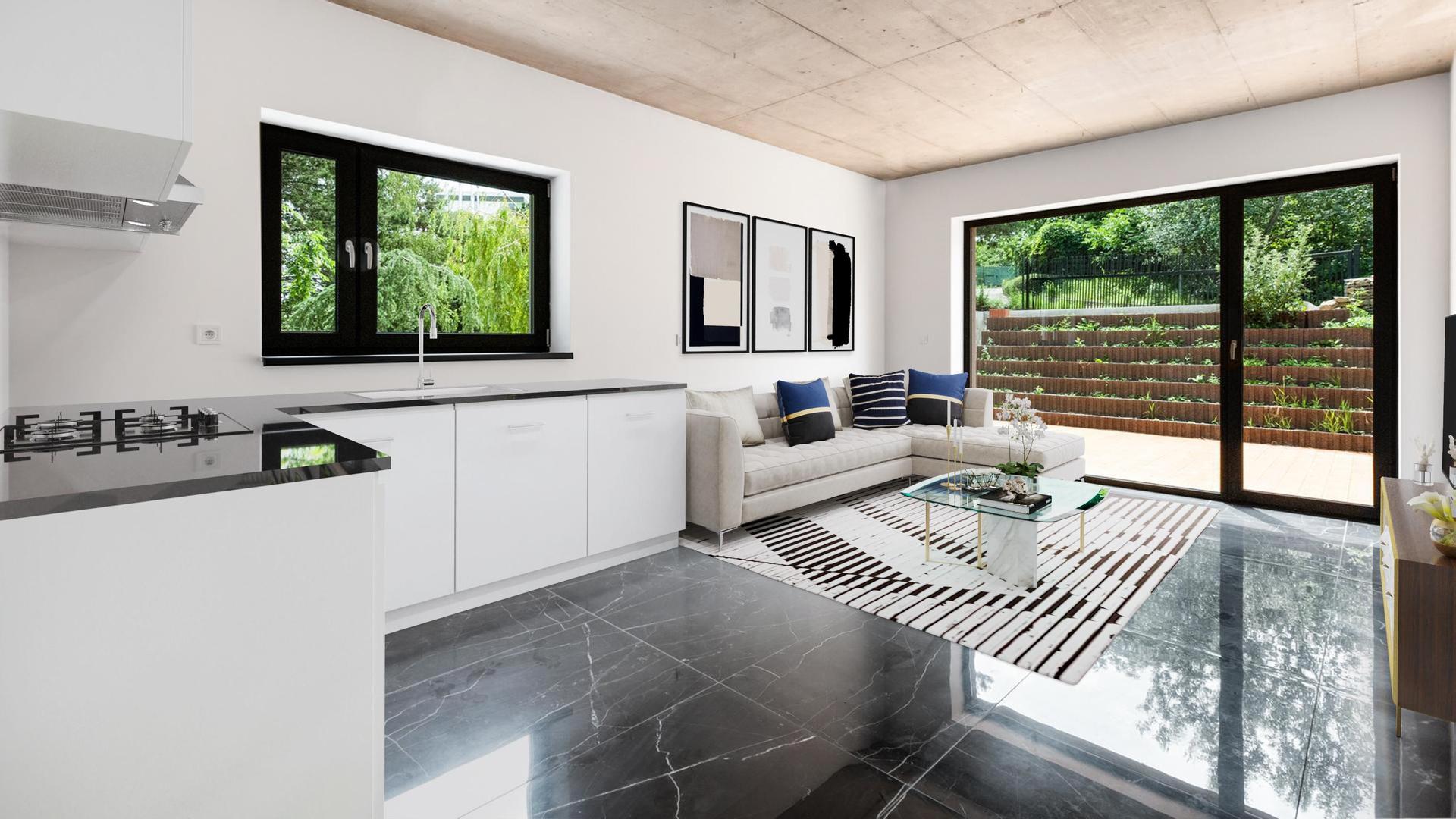 Virtual staging kuchyne s výhľadom do záhrady