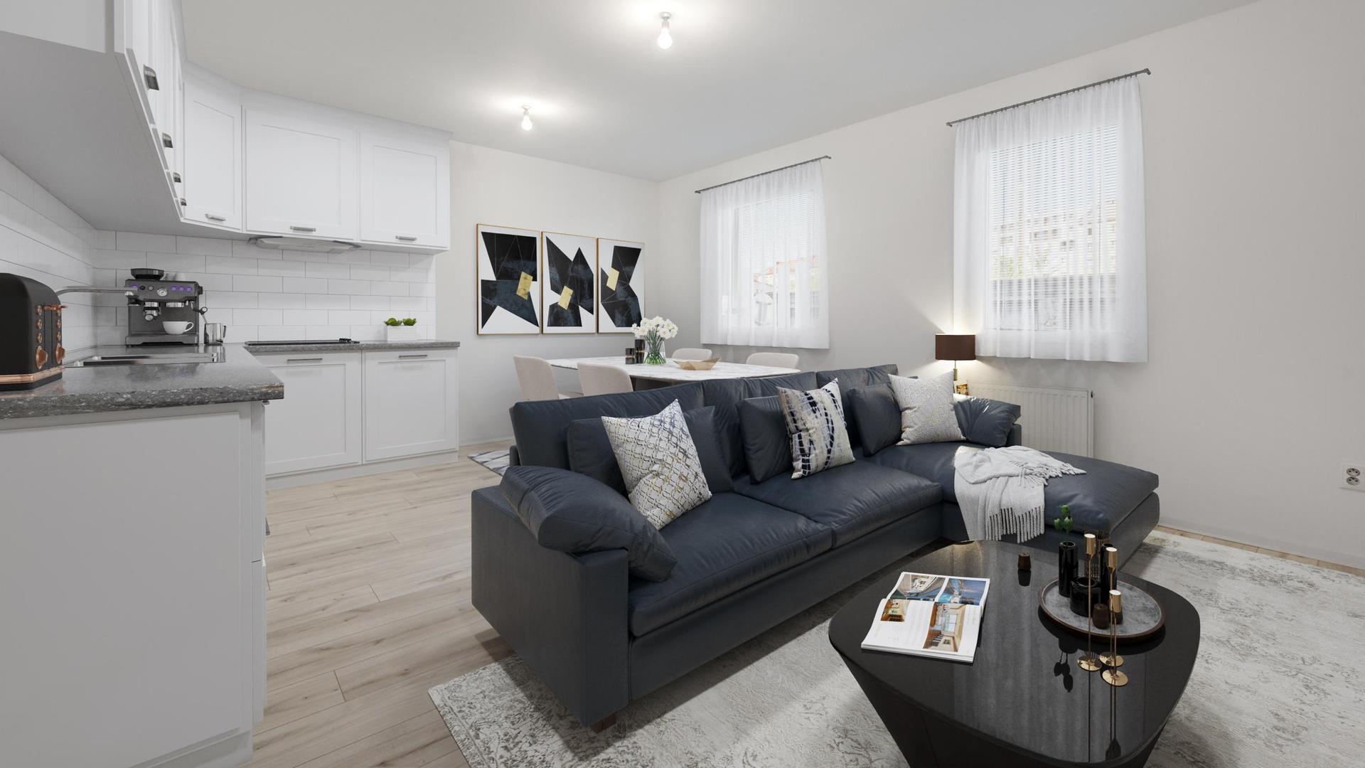 Virtual staging obývačky s kuchynským kútom