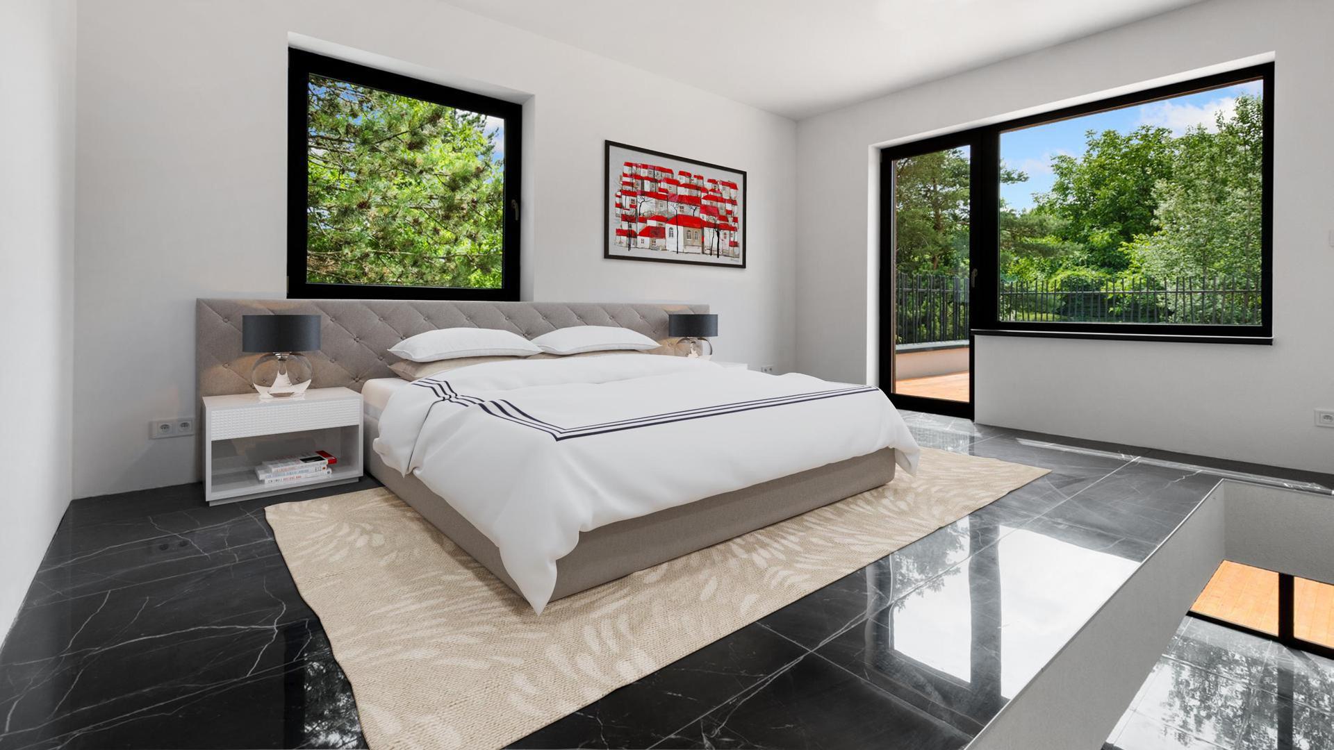 Virtual staging spálne s mramorovou podlahou