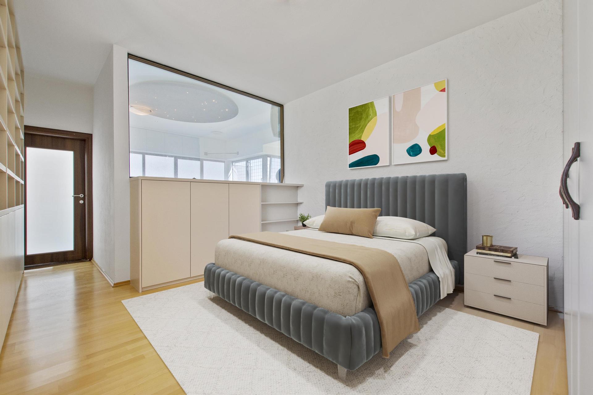 Virtual staging modernej spálne s parketami