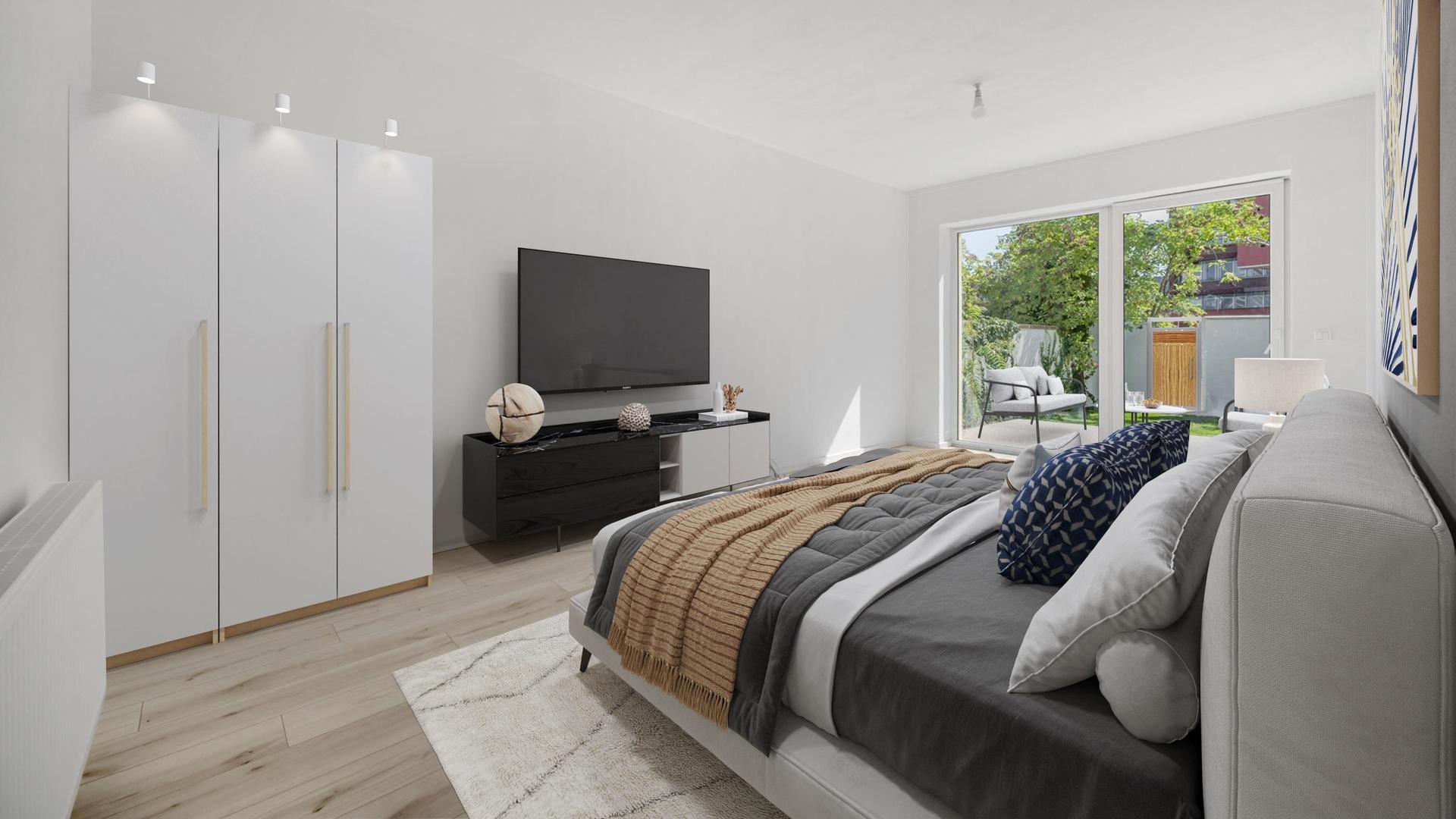 Virtual staging spálne s výhľadom do záhrady