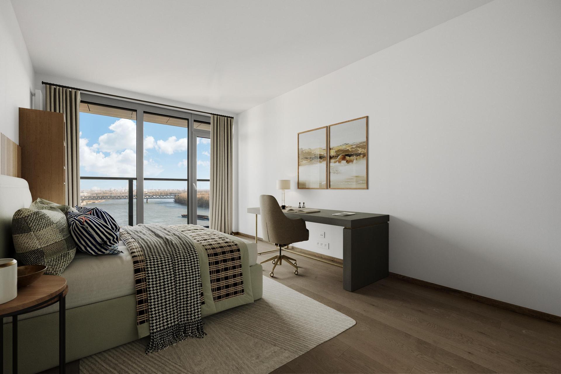 Virtual staging spálne s výhľadom na rieku