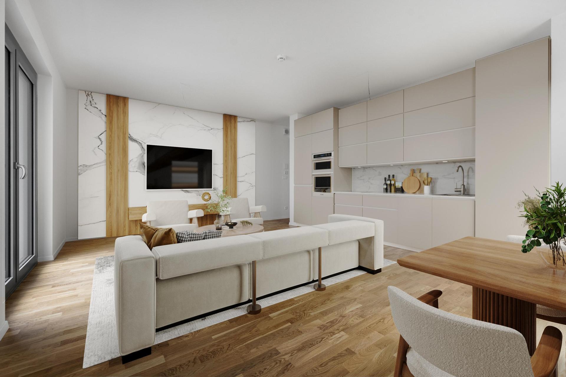 Virtual staging obývačky s kuchyňou